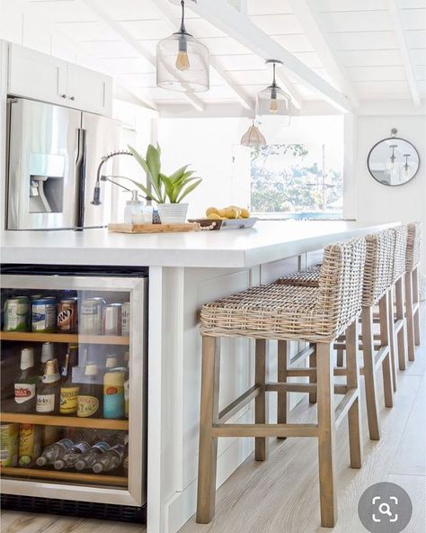 Actually Ashley on Instagram: “Loving this calm, cool and collected kitchen that is making me want to move to the beach #igdecor #southernliving #whitedecor…” Built In Wine Fridge Island, Diy Kitchen Island With Wine Fridge, Kitchen Island With Bar Fridge, Bar Fridge In Kitchen Island, Fridge In Island Kitchen, Island Wine Fridge, Kitchen Island Fridge, Kitchen Island Ideas With Wine Fridge, Wine Fridge Kitchen Island