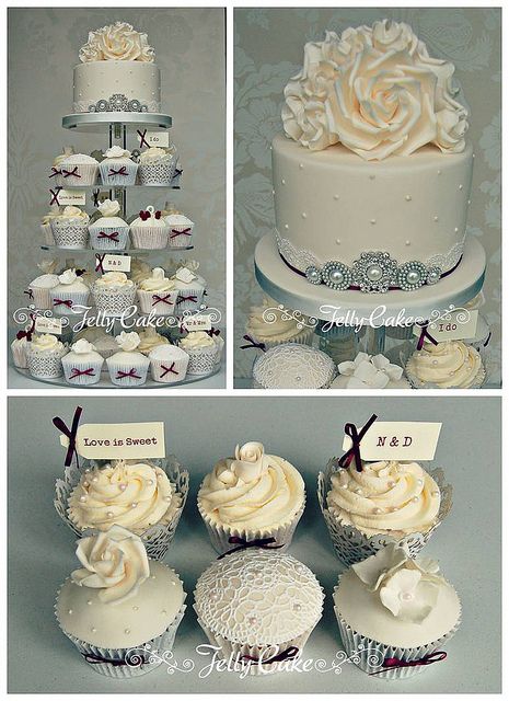 Winter Wedding Cupcakes | Flickr - Photo Sharing! Vintage winter white cupcake tower with sugar lace, roses, hydrangeas and birdcages Winter Wedding Cupcakes, Winter Cupcakes, Vintage Pasta, Lace Cupcakes, Cupcake Tower Wedding, Sugar Lace, White Cupcakes, Cupcakes Decorados, Vintage Bridal Shower