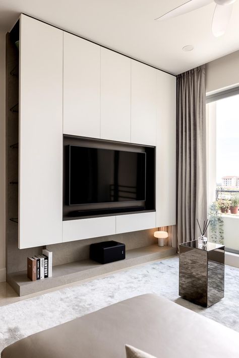 Cozy Grey Living Room, Tv Stand Ideas, Decor Tv Stand, Bedroom Tv Wall, Living Room Wall Designs, Condo Living Room, Grey Interior Design, Modern Tv Wall, Modern Living Room Interior