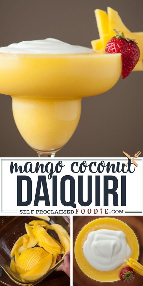 There’s nothing quite like a refreshing tropical Mango Coconut Daiquiri made with fresh mango, coconut rum, and coconut cream on a hot summer day. #cocktail #mango #coconut #rum #tropical #blended Coconut Daiquiri, Mango Drink, Mango Daiquiri, Rum Drinks Recipes, Mango Cocktail, Mango Rum, Mango Drinks, Frozen Mango, Coconut Drinks