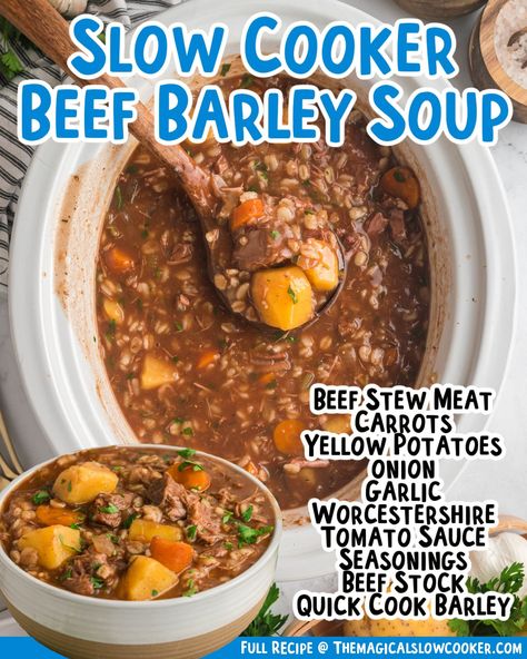 Homemade Slow Cooker Beef & Barley Soup, Beef Barley Crockpot Soup, Hamburger Barley Soup Crockpot, Barley Stew Recipes, Beef And Barley Stew Crockpot, Crockpot Beef Barley Soup Crock Pot, Crock Pot Beef And Barley Soup, Slow Cooker Beef And Barley Soup, Vegetable Beef Barley Soup Crockpot