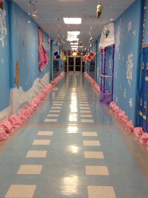 Snowflake lake candyland Candyland Ice Palace, Ice Palace Candyland Decorations, Snowflake Lake Candyland, Candyland Hallway, Candyland Homecoming, Homecoming Hallways, Hallway Christmas, Candyland Games, Birthing Suite