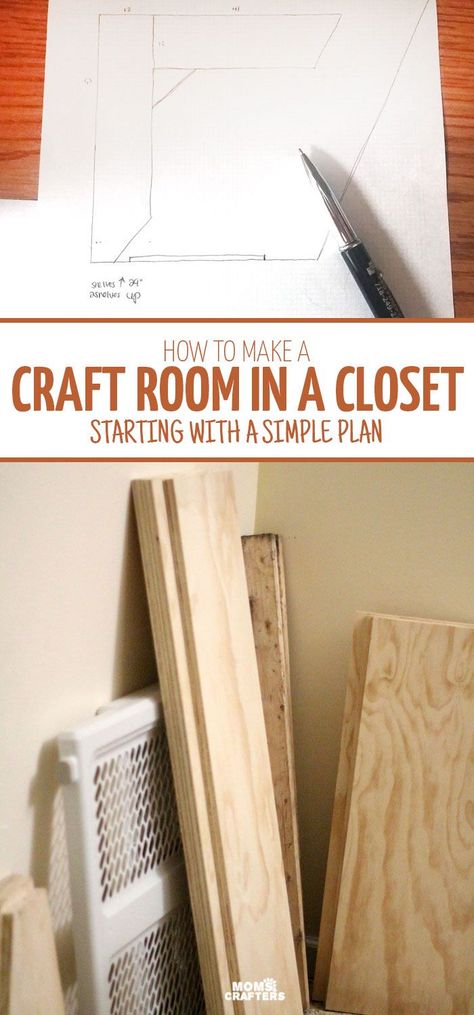 I have no space so turning a big closet into a craft room is a perfect idea! See the planning stages for a budget-friendly craft room in a closet - this is so simple and doable, even if you're not a builder. Organizing A Craft Closet, Diy Closet Craft Room, Craft Room Closet Organization Ideas, Built In Craft Closet, Sewing Room Closet Ideas, Diy Craft Closet Ideas, Narrow Craft Room Ideas, Sewing Room In A Closet, Diy Art Closet