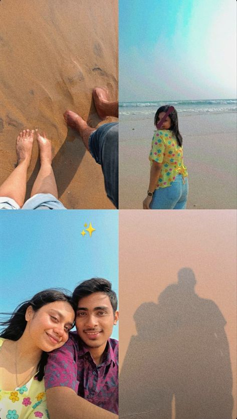 Couple beach day story ideas Beach Selfie Ideas For Couples, Goa Photography Ideas Beach Couple, Beach Aesthetic Layout, Creative Beach Pictures Couples, Couple Layout Instagram, Beach Boyfriend Pictures, Couple Story Ideas Instagram, Beach Snapchat Stories, Couple Beach Photos Instagram