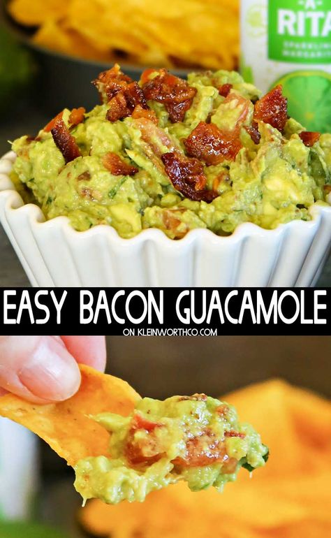 Easy Bacon Guacamole is the perfect snack to serve at all your big game day events. It's loaded with crispy, salty bacon & takes a few minutes to make. Texmex Recipes, Chip Dips, Savory Dips, Bacon Guacamole, Bacon Appetizers, Easy Bacon, Savory Meals, Easy Guacamole, Easy Dips