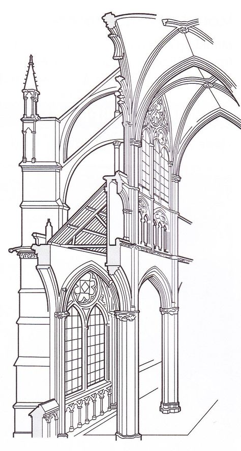 G rib vaulting, flying buttresses pointed arches | Rosses ... Gothic Architecture Drawing, Ribbed Vault, Flying Buttress, Storyboard Ideas, Interior Environment, Gothic Buildings, Gothic Cathedrals, Cathedral Architecture, Gothic Church