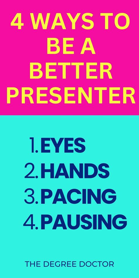 Text: Four ways to be a better presenter. Eyes, hands, pacing, pausing. 
Background: Pink background, yellow text. Turquoise background, navy blue text. Phd Presentation, Grad School Problems, School Problems, Student Problems, Enjoy The Process, Presentation Skills, Phd Student, Public Speaker, Grad School