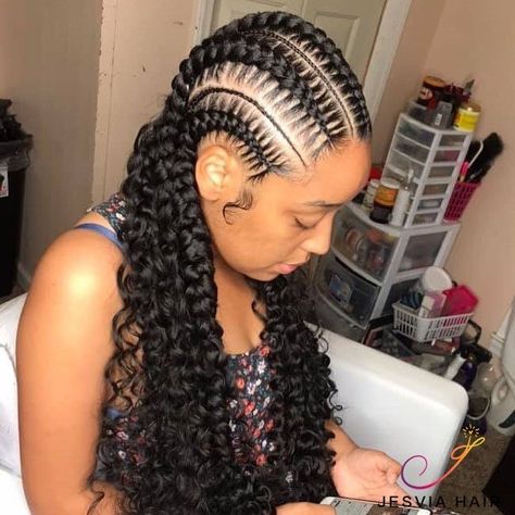 4 Feed In Braids Hairstyles, Stitch Braids With Curls, 4 Feed In Braids, Braids With Curly Hair, Braids Curly Ends, Feed In Braids, Blonde Box Braids, Feed In Braids Hairstyles, Try On Hairstyles