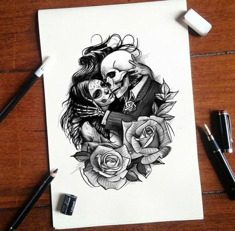 Sugar Skull Couple Tattoo, Skull Lovers Tattoos, Love Skull Tattoo, Skeleton Couple Tattoo, La Muerte Tattoo, Skull Couple Tattoo, Marriage Tattoos, Couple Tattoos Unique Meaningful, Couple Tattoos Love