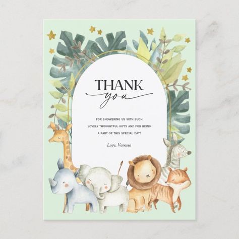 Jungle animals mint baby shower thank you postcard 1st Birthday Invitations Boy, Mint Baby Shower, Safari Baby Shower Invitations, Sip And See, Baby Shower Thank You Cards, Boy Birthday Invitations, Cadeau Photo, Animal Baby Shower, Invitation Baby Shower