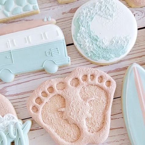 Beach Baby Shower Cookies, Baby On Board Cookies, Baby Girl Cookies, Ocean Baby Showers, Beach Cookies, Beach Baby Showers, Royal Iced Cookies, Baby Cookies, Baby Themes