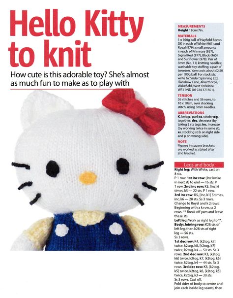 Free Hello Kitty Knitting pattern from Woman's Weekly Knitted Hello Kitty Pattern, Knitting Hello Kitty, Hello Kitty Knitting Pattern Free, Hello Kitty Knitting Pattern, Hello Kitty Knitting, Knit Hello Kitty, Christmas Toy Knitting Patterns, Hello Kitty Pattern, Toy Knitting Patterns