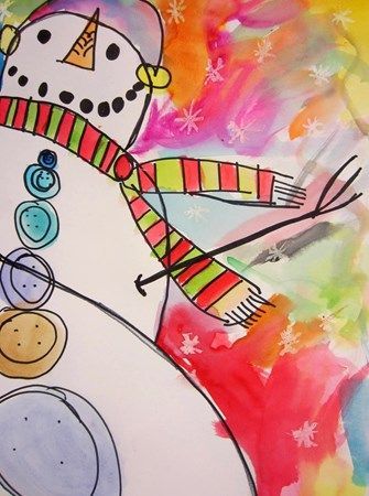 Grade 2 worm's eye view of snowman, like the use of oil pastel resist plus the brightness of the watercolors! 2nd Grade Winter Art Projects, Perspective Snowman, Practice Perspective, Colorful Snowman, Snowman Watercolor, Watercolor Resist, Perspective Drawings, Snowman Art, Art Docent