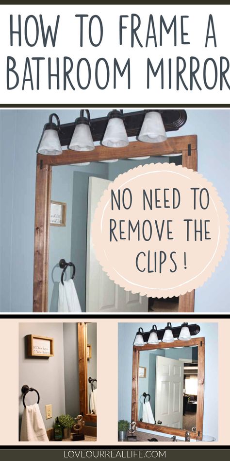 Diy Mirror Frame Bathroom, Plain Bathroom, Decorative Bathroom Mirrors, Bathroom Mirror Makeover, Frame Bathroom, Bathroom Mirrors Diy, Large Bathroom Mirrors, Mirror Clips, Mirror Brackets