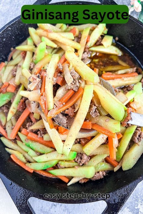 "Ginisang Sayote" is a Filipino stir-fried dish featuring sayote, also known as chayote, as the star ingredient. This nutritious and versatile vegetable dish is a staple in Filipino households, celebrated for its simplicity and delicious flavors. Sayote Recipe, Ginisang Sayote, Filipino Vegetable Dishes, Filipino Vegetable Recipes, Chayote Squash, Pinoy Foods, Hawaiian Recipes, Filipino Dish, Vegetable Dish