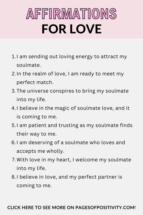 a pin that says in a large font Affirmations for Love Manifest Soulmate Law Of Attraction, Affirmation For Crush, Soulmate Affirmations Law Of Attraction, Affirmation To Attract A Specific Person, Affirmations To Attract Soulmate, Manifest Specific Person Affirmations, Manifesting Love With A Specific Person, Attracting Soulmate, How To Manifest A Specific Person