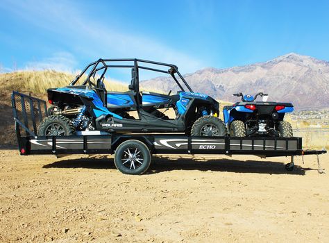 RZR & ATV Loaded on 17' Ultimate UTV/ATV Trailer with white graphics and aluminum mag rims. Atv Trailer Ideas, Utv Trailers, Atv Trailers, Workout Beginner, Bike Trailer, Trailer Ideas, Grilled Steak, Bodyweight Workout Beginner, Off Roading