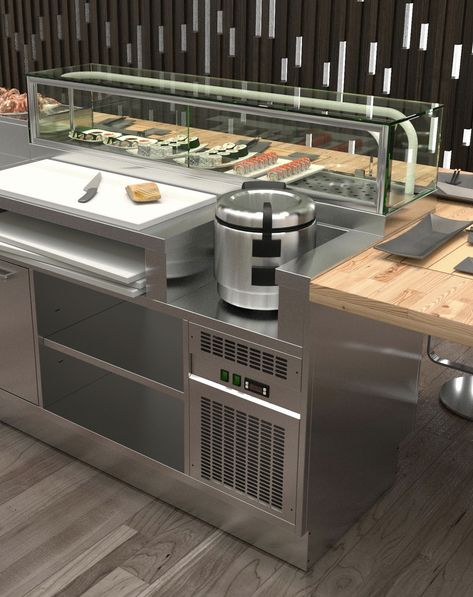 Sushi Station Ideas, Sushi Kitchen Design, Japanese Inspired Kitchen, Sushi Station, Professional Kitchen Design, Dirty Kitchen Design, Commercial Kitchen Design, Accessible Kitchen, Dirty Kitchen