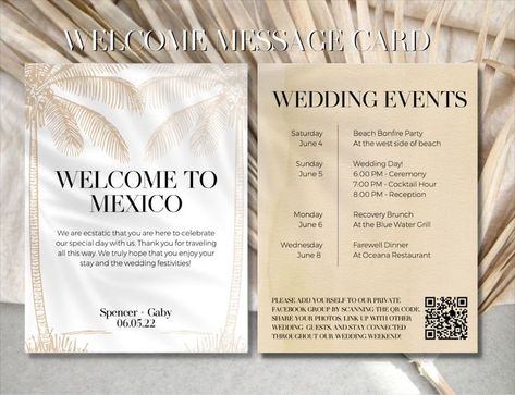 Destination Wedding Wedding Welcome Letter and Itinerary - Editable Template on Canva! Wedding Welcome Letter, Destination Wedding Itinerary, Wedding Welcome Letters, Wedding Day Itinerary, Destination Wedding Welcome Bag, Palm Wedding, Welcome Letter, Bonfire Party, Qr Code Generator