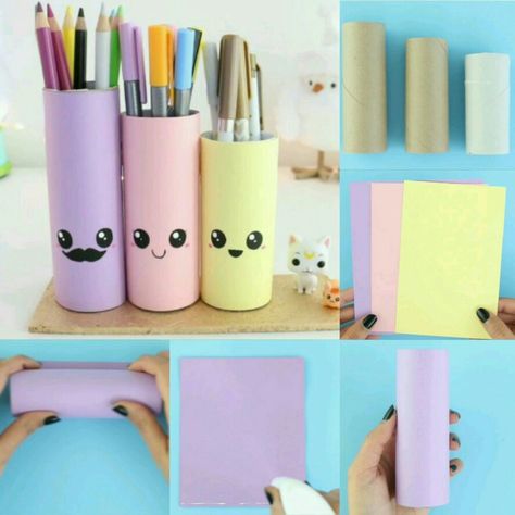 DIY pencil holders ❤️ Diy Pencil Holder Ideas, Penholder Aesthetic Diy, Pen Holder Diy Plastic Bottles, Pencil Holder Ideas, Diy Pencil Holders, Funny Painting Idea, Pen Holder Diy, Diy Pencil Holder, Diy Crayons