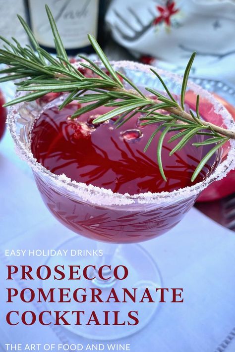 Prosecco Pomegranate Cocktails are easy with just 4 ingredients. Perfect for holiday entertaining. Make your own pink sugared rim! #pomcocktails #proseccococktails #pomegranatecocktails #christmascocktails #holidaycocktails #proseccopomegranatecocktails Pomegranate Prosecco Punch, Prosecco Pomegranate Cocktails, Pomegranate Prosecco Cocktail, Pomegranate Wine Recipe, Pomagranet Christmas Drink, Pomogranette Cocktail, Cocktails With Pomegranate Juice, Pomegranate Liqueur Cocktails, Pomegranate Juice Cocktails