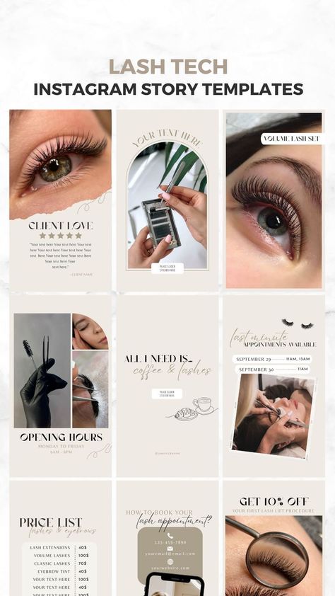 Lash Tech Instagram Story Template, Beige Lash Template Instagram, Lash Content Instagram Engagement Lash Extension Branding Ideas, Lash Tech Instagram Templates, Lash Studio Instagram Feed, Lash Instagram Story Ideas, Lash Instagram Bio Ideas, Lash Tech Instagram Highlights, Eyelash Content, Lash Post Ideas, Lashes Instagram Feed