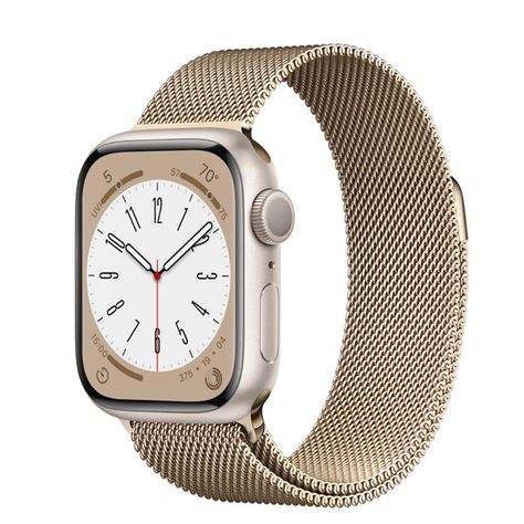 Apple Watch Series 8 GPS, 41mm Starlight Aluminum Case with Gold Milanese Loop http://www.apple.com/shop/product/Z0YQ/apple-watch?option.watch_cases=MNPD3LL/A&option.watch_bands=ML733AM/A Apple Watch Series 8, Apple Watch Bracelets, Apple Watch Sizes, Gold Apple Watch, Small Watch, New Apple Watch, Loop Bands, Apple Watch Case, Apple Watch Models