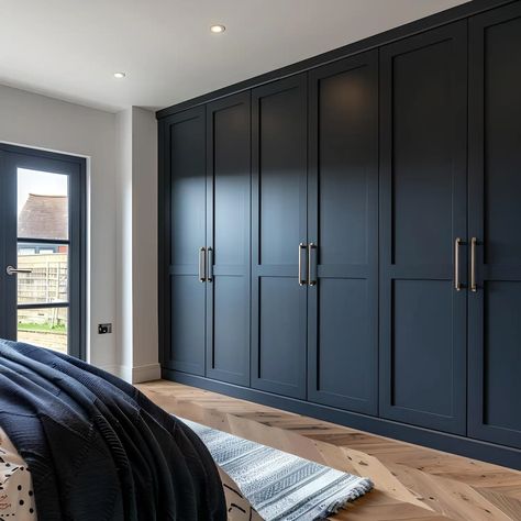 Coloured Built In Wardrobe, Navy Built In Wardrobe, Blue Wardrobe Doors, Navy Dressing Room, Fitted Wardrobe Doors Ideas, Navy Fitted Wardrobes, Painted Fitted Wardrobe Ideas, Navy Wardrobe Bedroom, Fitted Wardrobe Ideas Sliding Doors