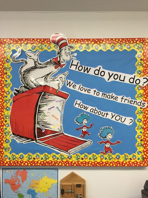 Cat in the hat student name board Hat Bulletin Board Ideas, Cat In The Hat Bulletin Board Ideas, Cat In The Hat Bulletin Board, Seuss Decorations, Dr Seuss Bulletin Board, Dr Seuss Decorations, Dr Seuss Preschool Activities, Cat And The Hat, Dr Seuss Preschool