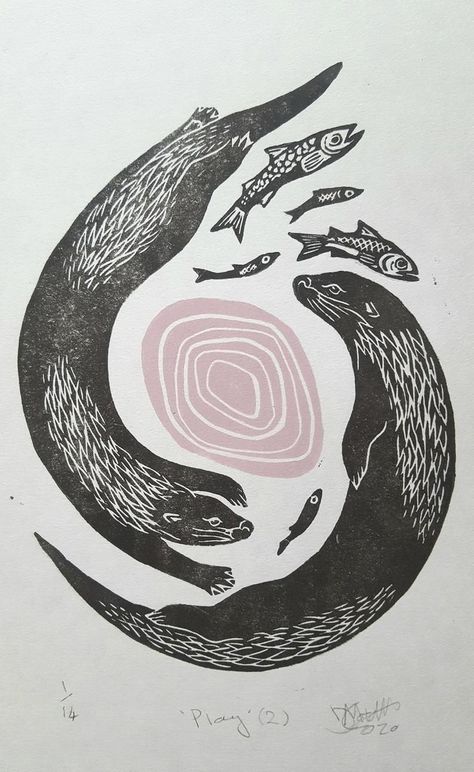 Two Otters, Otter Tattoo, River Otters, Fish Nature, Linocut Printmaking, Lino Art, Lino Prints, Lino Cut, Linocut Art