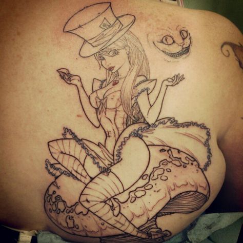 New ~J. Scott Campbell~ Alice in Wonderland Tattoo Outline! Color to Come <3 Alice In Wonderland Tattoos, Alice In Wonderland Tattoo, Alice And Wonderland Tattoos, Alice In Wonderland Pictures, American Mcgee’s Alice, Alice In Wonderland Flowers, Bright Tattoos, Birthday Tattoo, J Scott Campbell