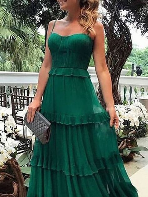 Sleeveless A-Line Cascading Ruffles Floor-Length Graduation Dress @ M.Tidebuy.com White Dress Flowy, Flowy Dress Long, Dresses Flowy, Green Evening Dress, Dress Flowy, Maxi Robes, Suspender Dress, Floor Length Dresses, Style Maxi Dress