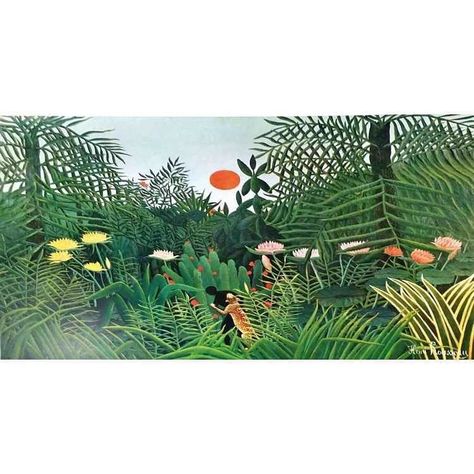 Henri Rousseau Jungle Sunset 1909 Vintage Lithograph  https://www.etsy.com/listing/492996364/henri-rousseau-jungle-sunset-1909?utm_source=crowdfire&utm_medium=api&utm_campaign=api · · · #lithography #henriksen #rousseau #jungle #sunset #art #junglesunset · · · #henrirousseau #henrirousseauinspired #printmaking #painting #lithograph #arte #henrirousseaupainting #print #artwork Henri Julien Félix Rousseau, Henri Rousseau Paintings, Grandma Moses, Jungle Scene, Henri Rousseau, In The Jungle, A4 Poster, Post Impressionists, Exhibition Poster