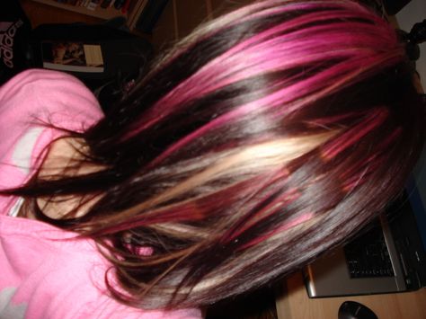 pink and blonde highlights Pink And Blonde Highlights, Pink Black Hair, Pink Hair Streaks, Skunk Hair, Pink And Black Hair, Y2k Hair, Hair Streaks, Dyed Hair Inspiration, Hair Stylies