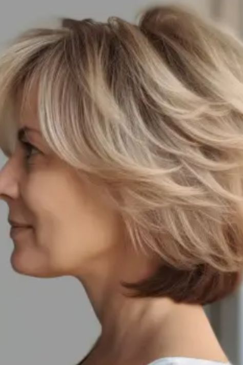 For a soft touch, consider opting for a soft feathered bob. This hairstyle adds movement and lightness with its feathered layers making it perfect for those with medium to fine hair. Click here to check out more stunning short hairstyles for women over 40 in 2023. Feathered Hair Cut, Feathered Bob, Easy Hair Cuts, Layered Haircuts For Medium Hair, Medium Bob, Chin Length Hair, Bob Haircut For Fine Hair, Bob Hairstyles For Fine Hair, Short Wavy Hair