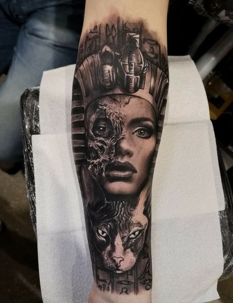 Scary Egyptian Tattoo, Mummy Tattoo Egyptian, Egyptian Mummy Tattoo, Mummy Tattoo Design, Mummy Tattoo, Cleopatra Tattoo, Tattoo Full Sleeve, Sphinx Tattoo, Cat Egyptian