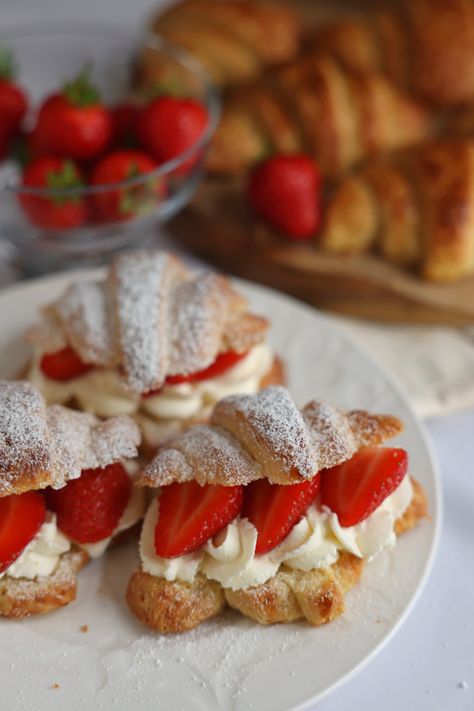 Homemade buttery croissants with whipped cream and strawberries. Croissant With Cream And Strawberry, Strawberry Stuffed Croissants, Strawberries And Cream Croissant, Strawberry And Cream Croissant, Strawberry Cream Croissant, Croissant Sweet, Croissant Strawberry, Cream Croissant, Strawberry Croissant