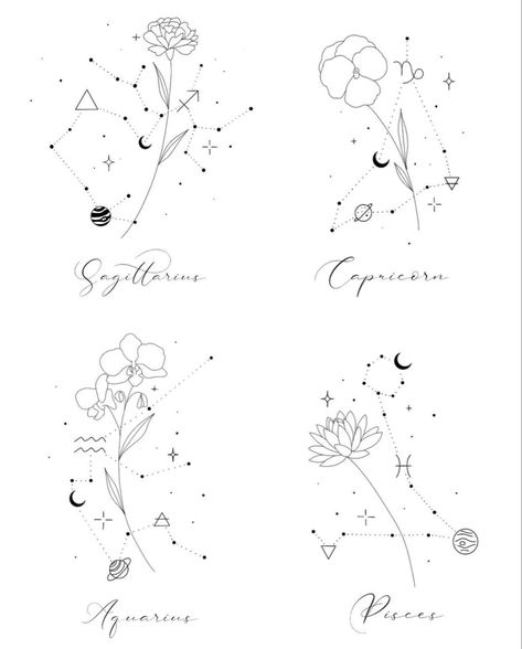 Zodiac Constilations Tattoo, Pisces Flower Constellation Tattoo, Aquarius Small Tattoo Ideas, Pieces Constellation Tattoo Pisces, Aquarius Flower Constellation Tattoo, Tattoo Ideas Female Aquarius, Geometric Pisces Tattoo, Aquarius Tattoo Flower, Pisces Astrology Tattoo