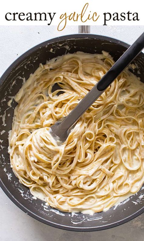 Creamy garlic pasta is a quick and comforting pasta recipe! A simple cream sauce combined with mascarpone cheese and Asiago cheese makes the creamiest sauce for pasta. Only 20 minutes start to finish! #pasta #fettuccine #mascarpone #cheese #asiago #comfortfood #dinner #recipes #cooking Pasta With Parmesan Cheese, Fresh Parsley Recipes, Mascarpone Sauce, Creamy Garlic Pasta, Mascarpone Recipes, Parsley Recipes, Creamy Pasta Sauce, Cream Pasta, Garlic Cream Sauce