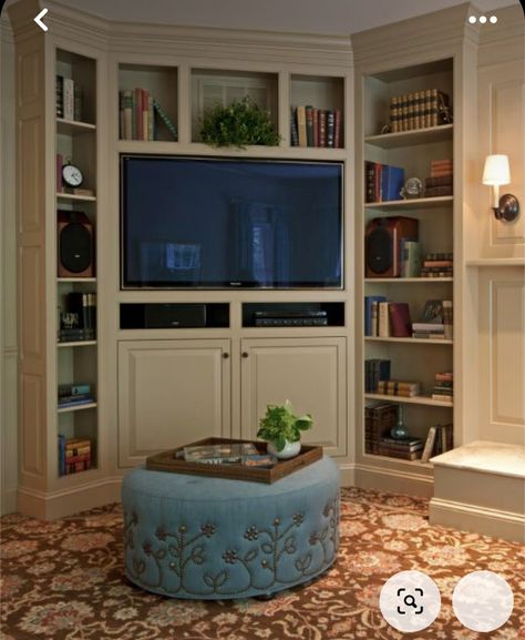 Corner Built In With Tv, Custom Corner Tv Cabinet Built Ins, Corner Tv Built In, Built In Corner Tv Cabinet, Corner Built In Shelves, Corner Tv Table, Diy Corner Tv Stand, Built In Corner Cabinet, Corner Cabinet Living Room