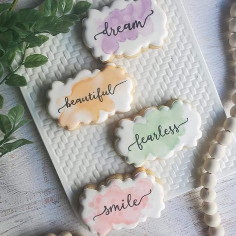 Cookies With Sayings, Inspirational Cookies Decorated, Thinking Of You Cookies Decorated, Affirmation Cookies, Cookie Moodboard, Roundhouse Cookies, Goodbye Cookies, Watercolor Sugar Cookies, Watercolor Cookies