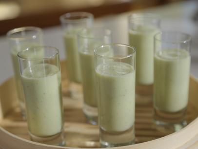 Cool As A Cucumber Soup Shooters Recipe | Daphne Brogdon | Food Network Chilled Soups, Soup Shooters, Midwest Style, Souper Bowl, Cold Soups, Shooter Recipes, Cucumber Soup, Creamed Cucumbers, Cool As A Cucumber