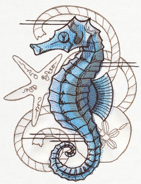 Seahorse Tattoo, Seahorse Art, Muster Tattoos, Nautical Tattoo, Mermaid Tattoo, Urban Threads, Embroidered Canvas, Nautical Design, Sea Horse