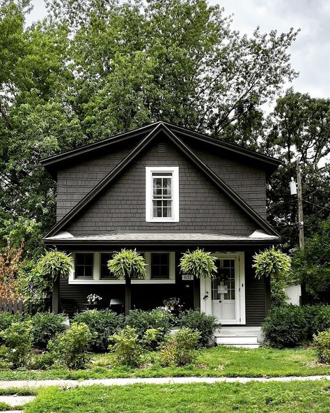 kathy | minneapolis mn | Be still my beating heart! 💓💓💓 Another cutie in the Hamline-Midway neighborhood. #saintpaul #stpaul #oldhomes #black #blackhouse… | Instagram Dark Gray Cottage Exterior, Dark House Exterior With White Windows, Dark Bungalow Exterior, Dark House Light Trim, Siding Small House, Dark Exterior White Windows, Small Black House Exterior, Dark Gray House Exterior White Trim, Dark Exterior Paint Colors For House