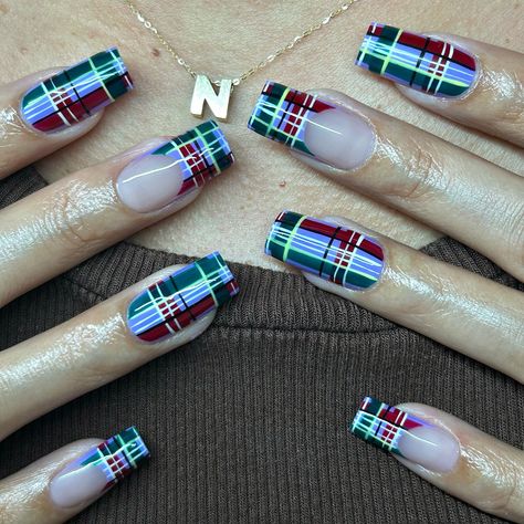 plaids 🍇🍂 . . @apresnailofficial Medium square sculpted @vbeautypure 026 @nailzkatkat 024, lil bee, cranberry bliss, dark Ivy Use “PBP10” for $$ off! . . . #nails #nailart #nailinspo #naildesign #handdrawn #miami #miamigardens #miamilakes #hialeah #wynwood #doral #miramar #pembroke #nailtech #nailartist #gelx #gelextensions #apres #naturalnails #overlay #structuredmani #watchmework #beforeandafter #nailsofinstagram #305 #plaid #purple #fall Light Blue Plaid Nails, Winter Plaid Nails, Pink Plaid Nails, Red Plaid Nails, Plaid Christmas Nails, Dark Ivy, Plaid Nail Designs, Cranberry Bliss, Light Blue Plaid