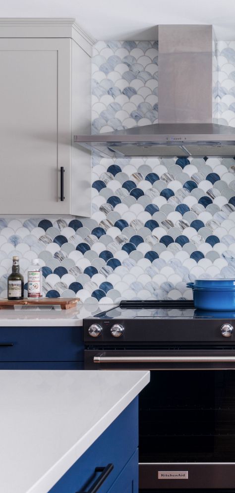 Blue White Backsplash, Navy And White Kitchen Backsplash, Blue And White Backsplash Kitchen, Navy Kitchen Backsplash, Fish Scale Tile Backsplash, Blue Tile Backsplash Kitchen, Trendy Backsplash, Kitchen Backslash, Blue Backsplash Kitchen