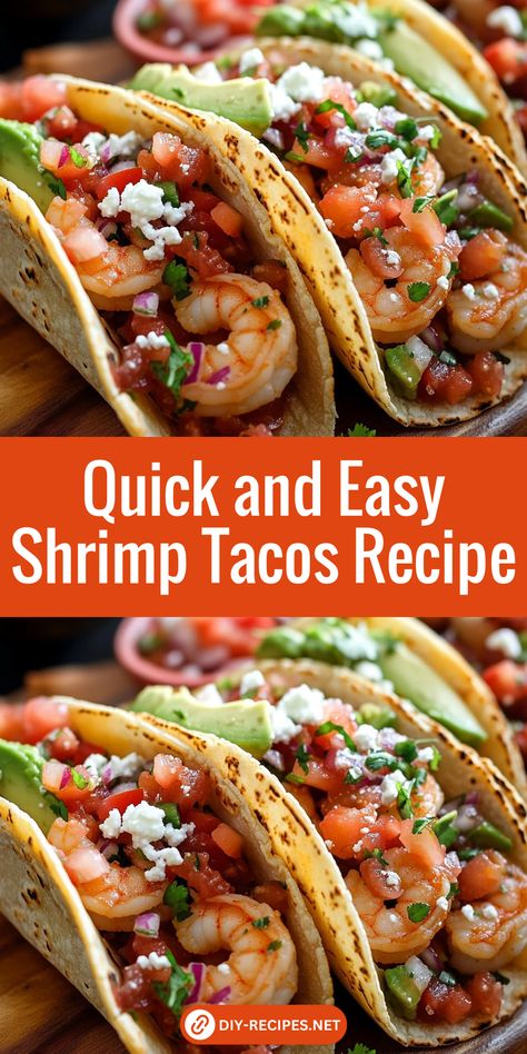 These quick shrimp tacos are packed with seasoned shrimp, fresh Pico de Gallo, and a tangy cabbage slaw. Charred tortillas add the perfect touch to this simple, tasty meal! Easy Shrimp Taco Recipe, Breaded Shrimp Tacos Easy, Mexican Shrimp Tacos Authentic, Blackstone Shrimp Tacos, Cajun Shrimp Tacos Recipes, Taco Shrimp Recipes, Easy Shrimp Tacos Simple, Shrimp Taco Recipes Easy, Shrimp Taco Slaw Recipe