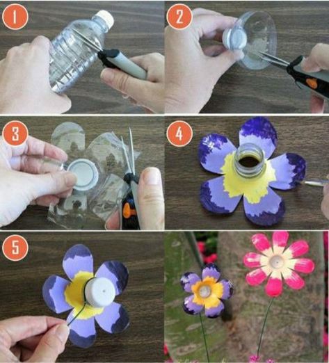 Crafts With Bottles, Bottle Garden Art, Water Bottle Crafts, Plastic Bottle Flowers, Plastic Bottle Art, Recycled Art Projects, Diy Bottle Crafts, Garden Art Sculptures Diy, Plastic Bottle Crafts