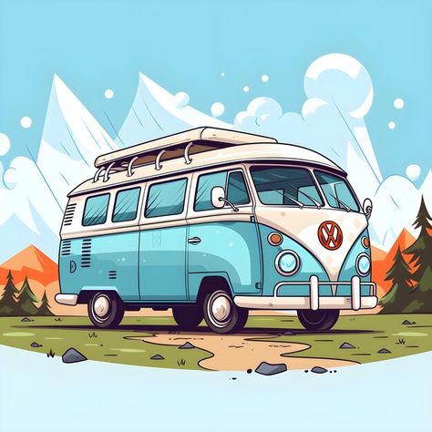 Photo creative digital art design illust... | Premium Photo #Freepik #photo Camper Van Drawing, Campervan Illustration, Travelling Pictures, Travelling Photos, Van Drawing, Creative Digital Art, Drawing Fish, Camper Caravan, Fish Eye