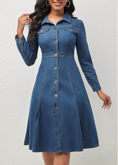 Size:L;Color:Denim Blue;Season:Autumn;Silhouette:High waist;Package Contents:1 X Dress;Neckline:Turndown Collar;Composition:95% Cotton , 5% Spandex;Sleeve's Length:Long Sleeve;Washing Instructions:Hand Wash /Machine Washable;Occasion:Staycation;Dress Length:Mid Calf;Color Scheme:Blue;Style:Casual;Pattern Type:Solid; Jean Alterations, Cheap Blue Dresses, Autumn Silhouette, One Piece Frock, African Fabric Dress, Corporate Dress, Women Fashion Dress, Denim Texture, Cute Casual Dresses